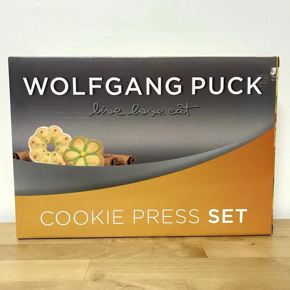 Wolfgang Puck Cookie Press Set Discs Tips Red Storage Box Holiday Baking Kit NEW